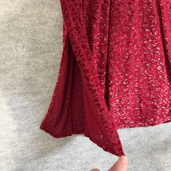 Betsey Johnson Size-XL Midi Dress Burgundy Red Velvet Leopard Print - Image 11