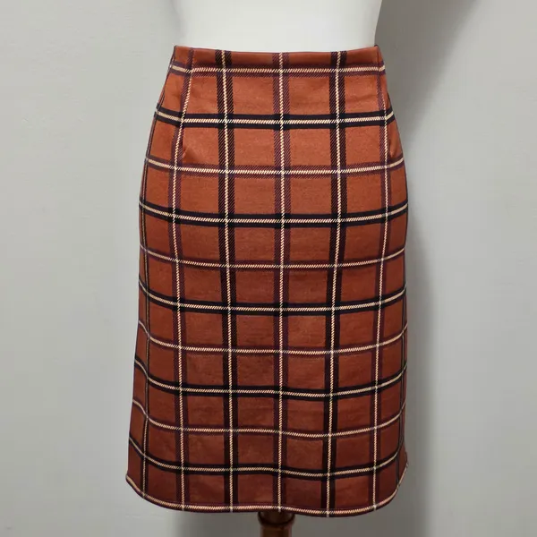 LOFT Outlet Orange & Brown Windowpane Plaid Aline Skirt Size Large Academia - Image 5