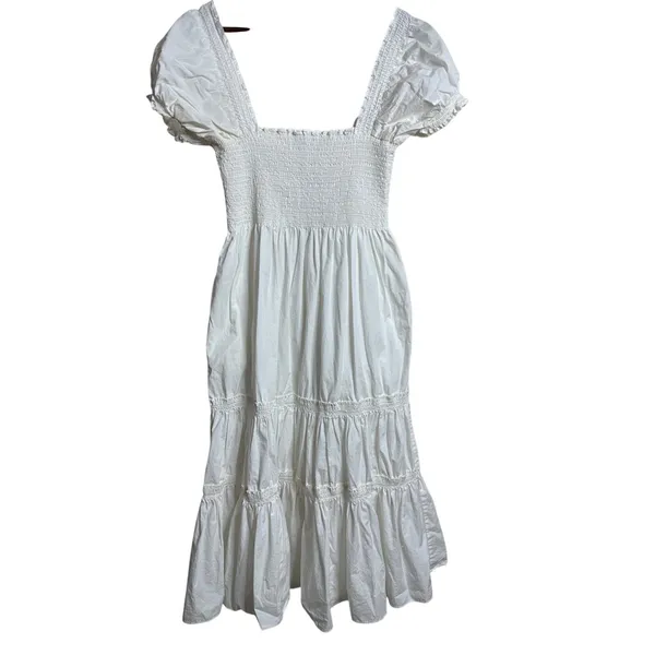 O.P.T Daphne Smocked Square Neck Puff Sleeve Cotton Dress size L Midi White - Image 2