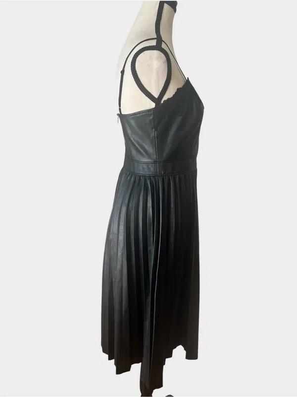 Express Black Faux Leather Pleated Midi Dress Lace Trim Small Goth - Image 4