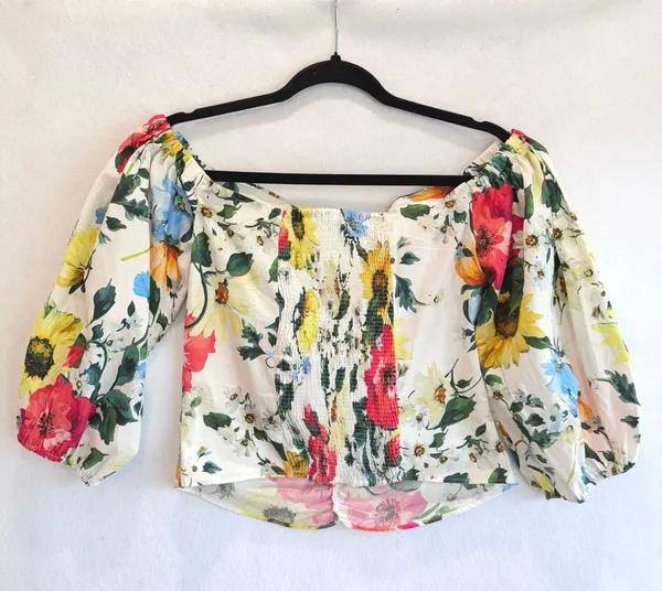Zara Floral Puff Sleeve Blouse Off Shoulder Smocked Back M Romantic Cottage - Image 3