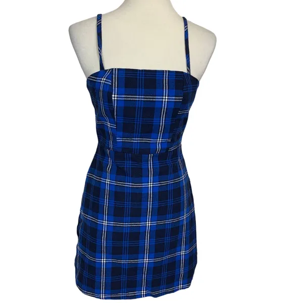 Revolve Blue Plaid Mini Slip Dress XS Grunge Dark Academia 90s Preppy $64 NEW - Image 2