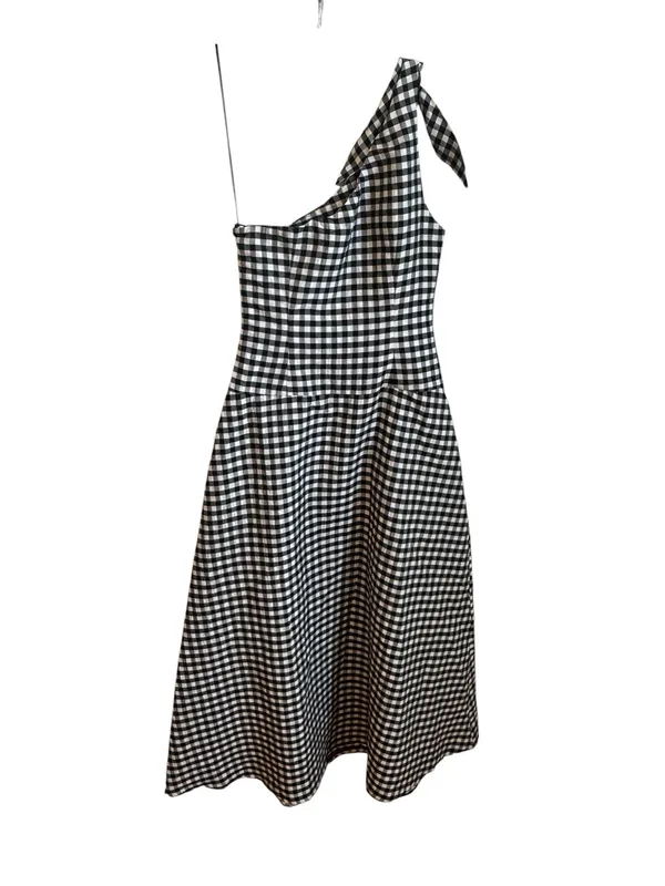 By Anthropologie One-Shoulder Black White Gingham Midi Dress XXS - Image 5