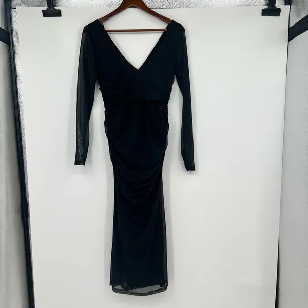 New Anthropologie Long Sleeve Deep V Hardware Midi Dress Black elegant small - Image 7