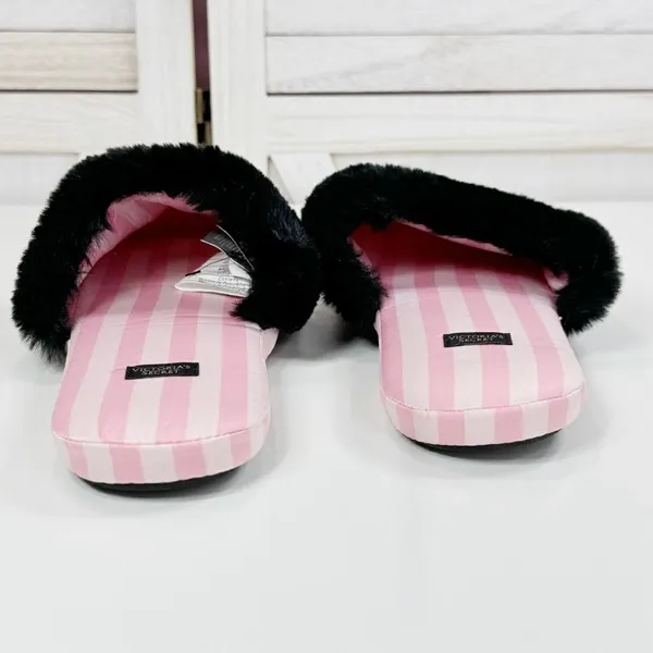 Victoria's Secret Faux Fur Trim Striped Slippers Pink Black‎ Large - Image 4