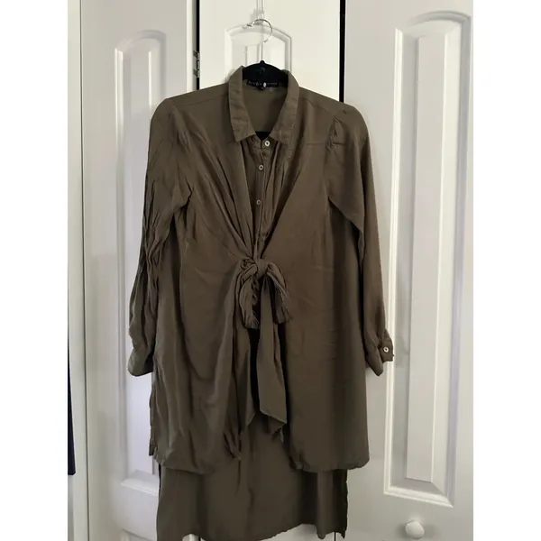 English Factory XS Olive Green Tie Front Long Sleeve Shirt Dress‎ Casual - Image 2