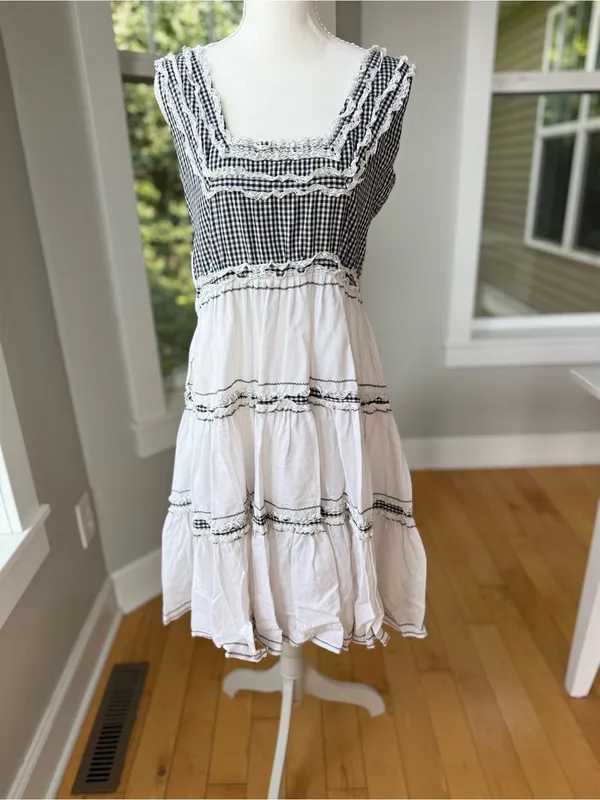 Vintage Handmade Black & White Gingham Tiered Cotton Midi Dress FLAW - Image 3