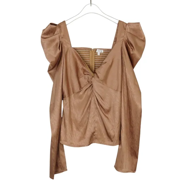 Revolve TCEC Cream Satin Puff Shoulder Blouse Wrap Front Medium - Image 3