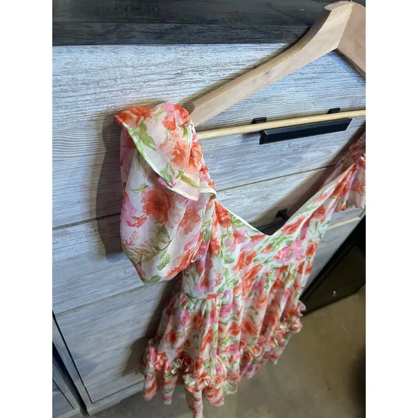MOD On Trend Pure Elfin Rosie Puff Sleeve Floral Mini Dress Orange Pink Small - Image 2