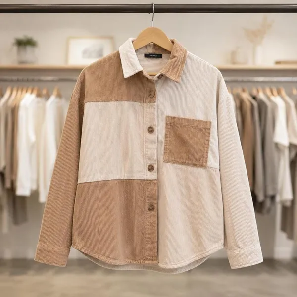 Forever 21 Cream & Tan Colorblock Corduroy Shacket Overshirt M - Image 5
