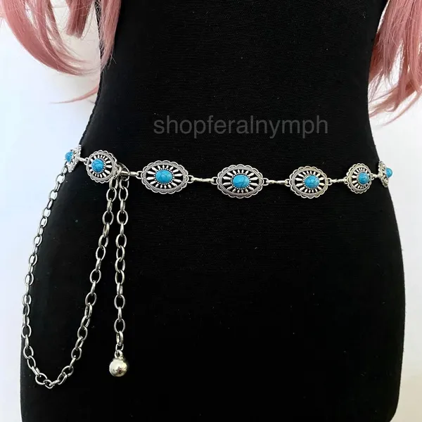 Silver Turquoise Sunburst Concho Chain Belt, Fits 25-44 Inches, X7GA1352 - Image 5