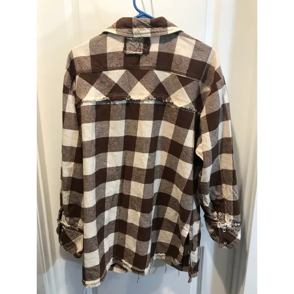 We the Free Brown and Cream Flannel Plaid Oversized Button up Shirt Size Lg - Image 2