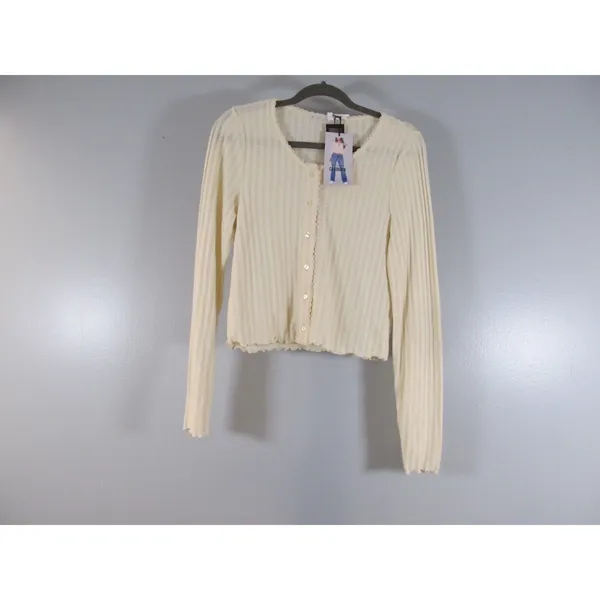 Celebrity Pink L Cream Cardigan Pointelle Ribbed Scallop Trim Long Sleeve NWT - Image 2