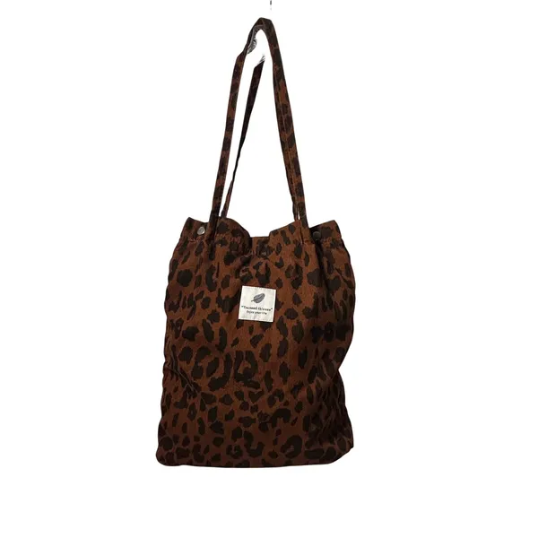 Leopard Print Corduroy Tote‎ Bag Brown Black Animal Pattern Snap Closure Lined - Image 2
