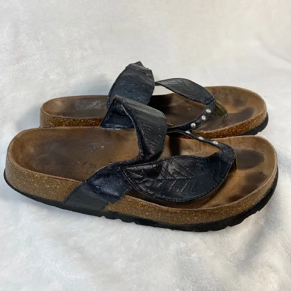 Betula Birkenstock Thong Sandals Black Leather‎ Pearls Size 38 W7-flaw - Image 4