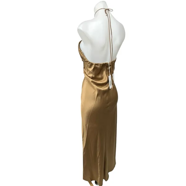NEW Reformation Valora Gold Silk Satin Halter Tie Midi Maxi Cami Slip Dress 10 - Image 4