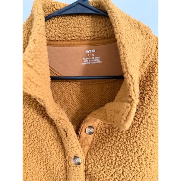 Aerie Sherpa Pullover Womens Large Mustard Yellow Henley Fleece Button Pocket - Image 3