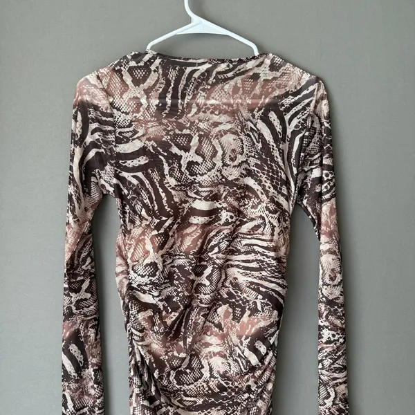 No Comment L‎ Brown Animal Print Mesh Ruched Bodycon Maxi Dress Rave Festival - Image 8