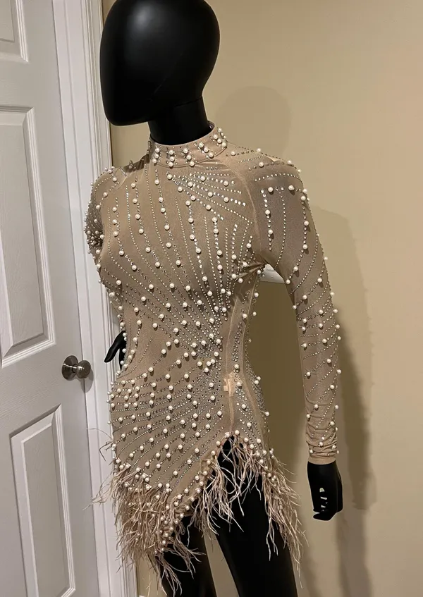 Rhinestones mini dress long sleeve pearl dress mock neck dress fringe feathers dress Sequin Dress - Image 10
