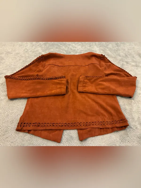 Gianni Bini Rust Suede Open-Front Jacket with Braided Trim Size Small - Image 4