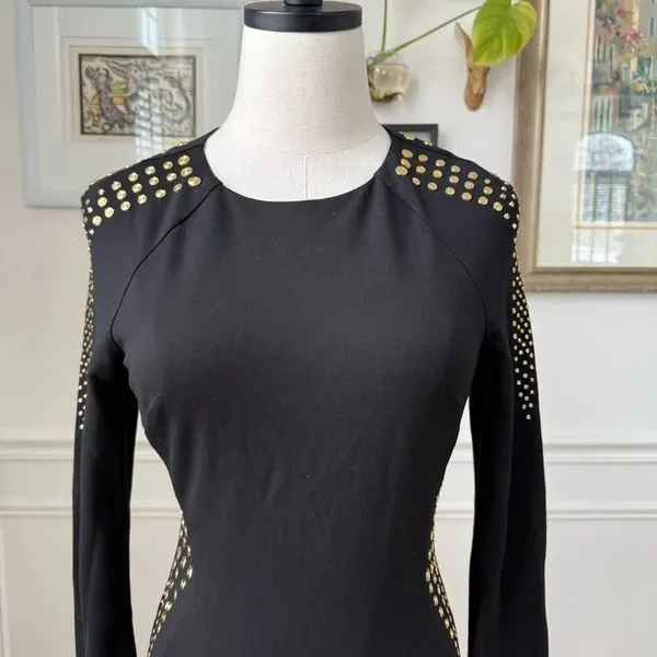 Cache Gold Stud Sheath Dress Long Sleeve LBD Dress 6 - Image 7