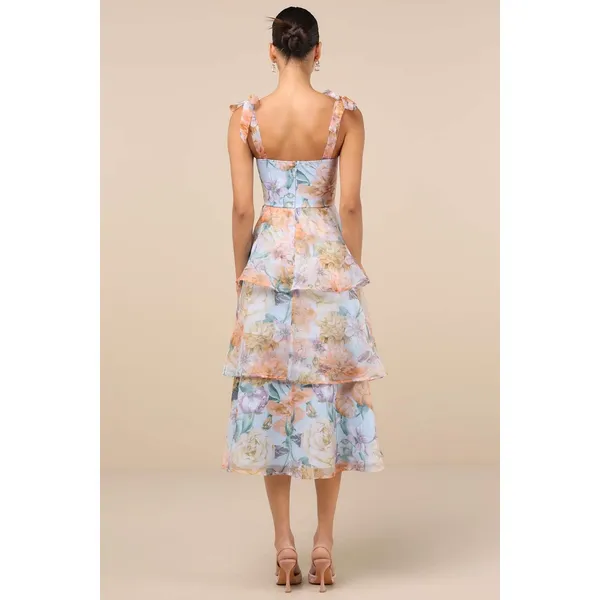 Lulus Playfully Posh Blue Floral Organza Tie-Strap Tiered Midi Dress Medium NWT - Image 3