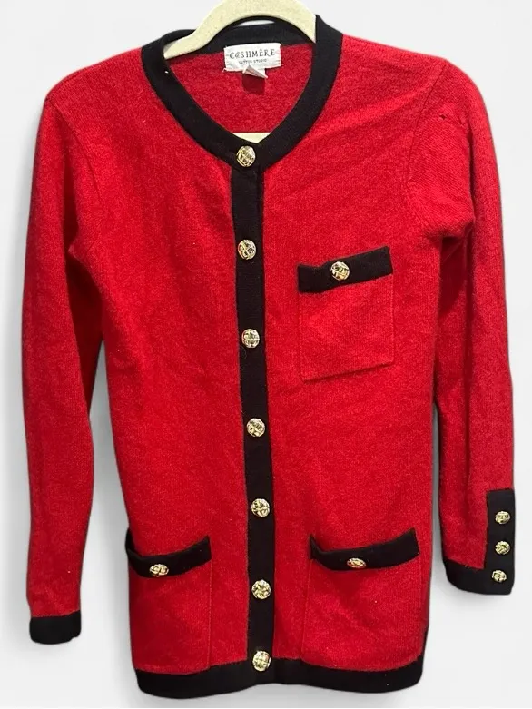 Vintage 100% Cashmere Red Cardigan Black Trim Gold Buttons Small - Image 9
