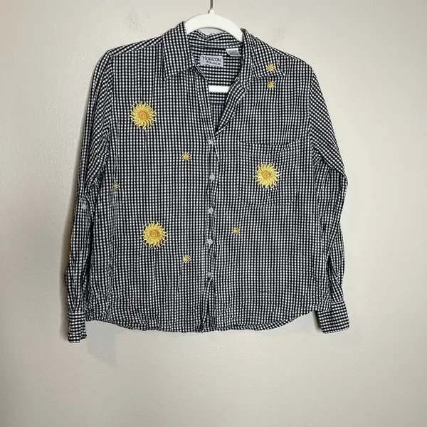 Women's Vtg Button 100 cotton‎ Gingham Plaid Sun Floral Embroiderd Boho Preppy M - Image 3
