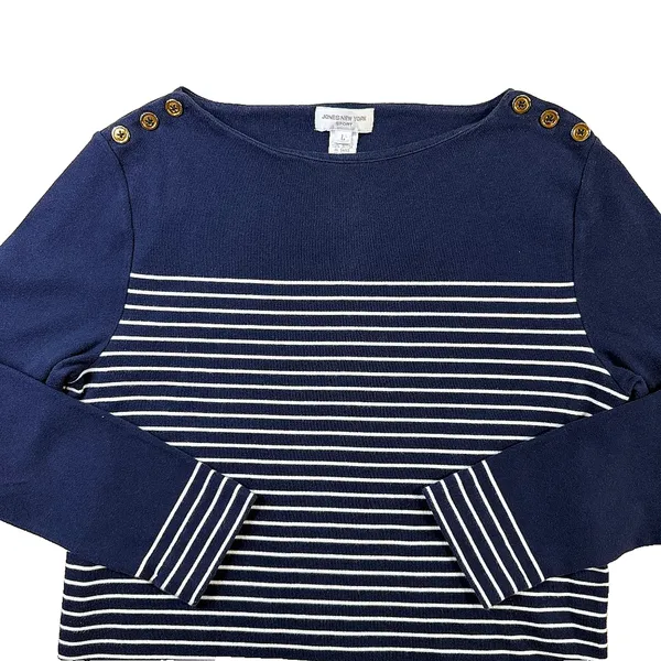 Jones New York Sport Breton Stripe Boat Neck Top Gold Button Shoulders L - Image 3