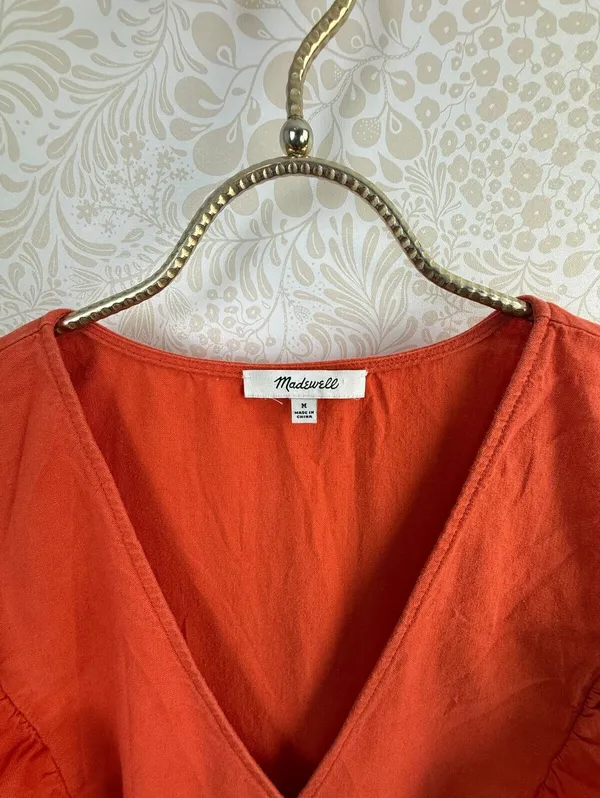 Madewell Rusted Clay Linen-Blend Flutter-Sleeve Peplum Top - Size - Medium - Image 6