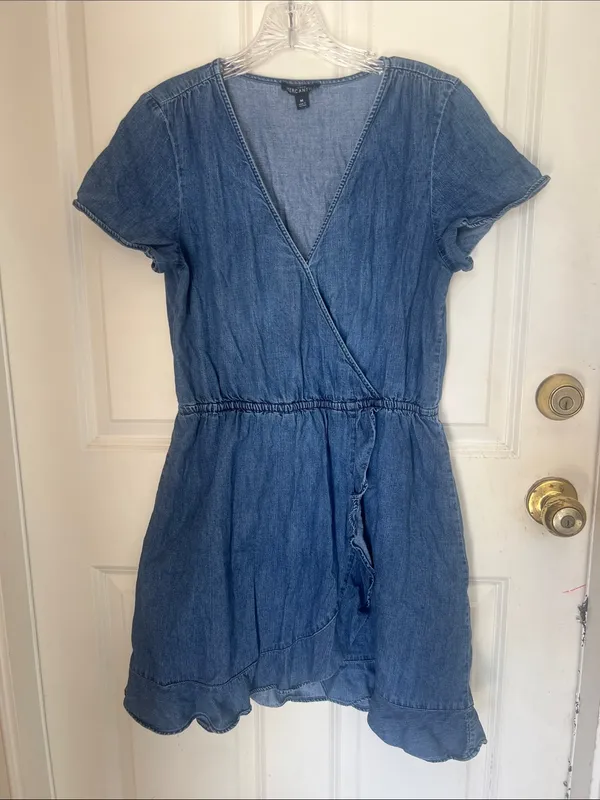 J. crew Merchantile Denim Chambray Faux Wrap Ruffle Hem Dress Size m - Image 2