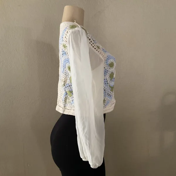 Mexican Crochet Floral Cardigan Women Size S Green Balloon Sleeve Boho NWOT - Image 5