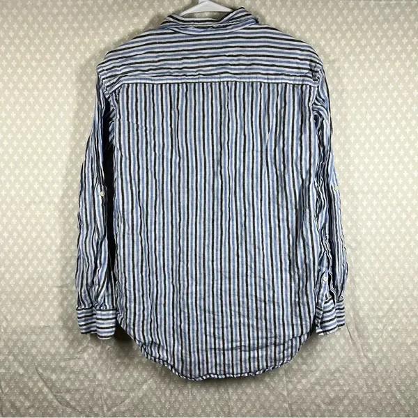 Ralph Lauren‎ Black Label Women Top Sz S Blue White Striped Linen Button Up - Image 6