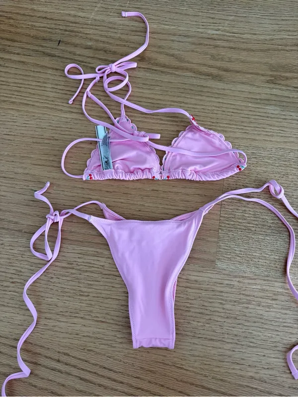 Pink Triangle String Bikini with Embroidered Trim Size XS - Image 3