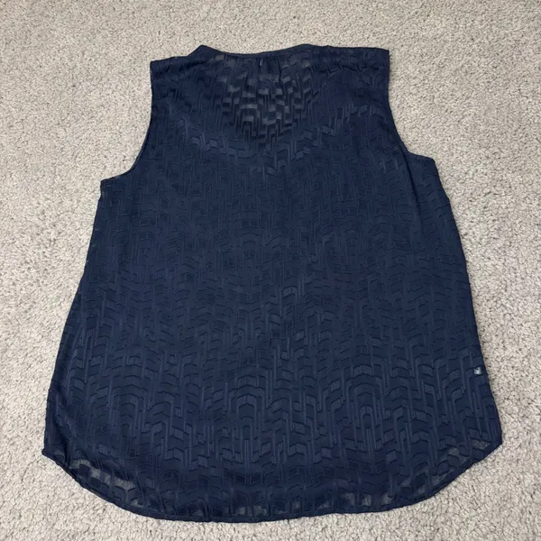 Ann Taylor Navy Blue Sleeveless Blouse Geometric Jacquard Ruffle Neck Top Large - Image 2