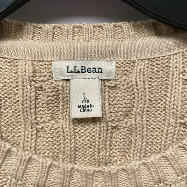 L.L. Bean Tan Cable Knit Sweater Crew Neck Long Sleeve Pullover Size L Fisherman - Image 2