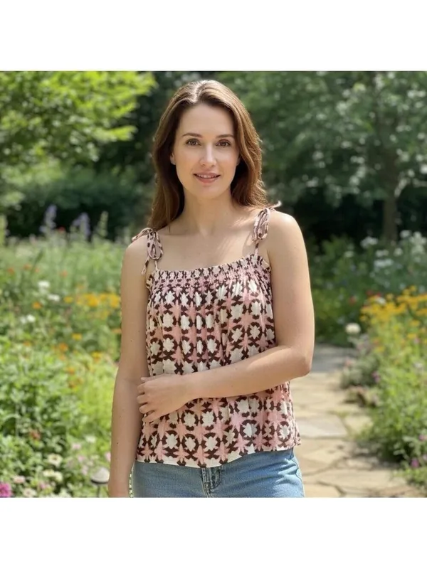 LOFT Geometric Print Linen blend Smocked Swing Tank Top Pink White Brown Size L - Image 2