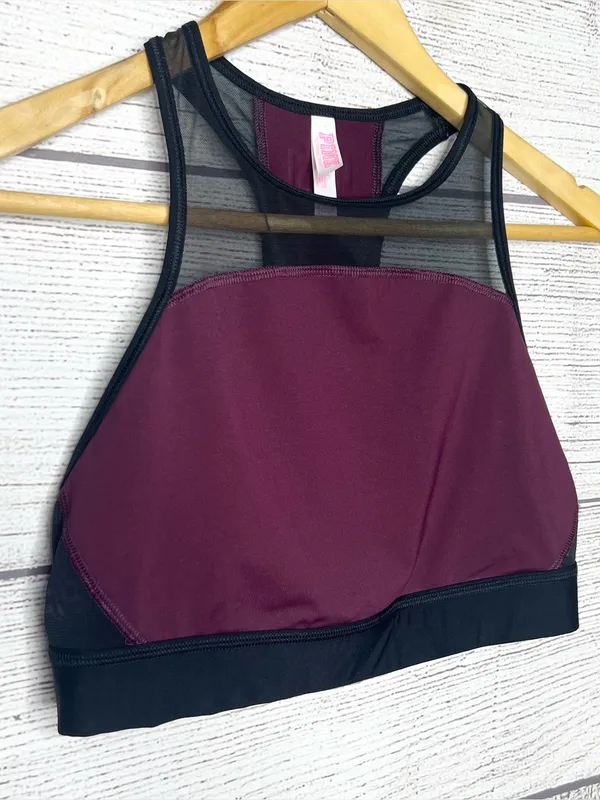 VS PINK Burgundy Crop Top Sports Bra Unlined Racerback Spell Out Logo Size Large - Image 5