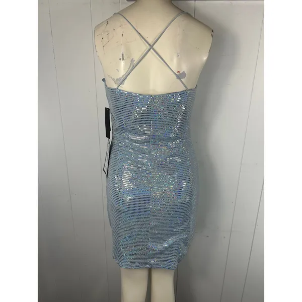 City Studio NWT Metallic Pale Blue Slip On Bodycon Mini Dress In Size L - Image 4