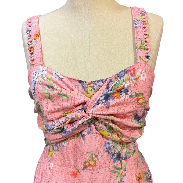 Ranna Gill S Len Scallop Romper Pink Floral Linen Smocked Garden Brunch Bohemian - Image 6