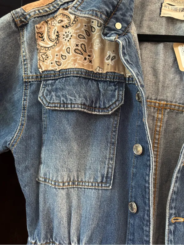 We The Free Blue Denim Short-Sleeve Jumpsuit with Tan Bandana Panels - Image 9