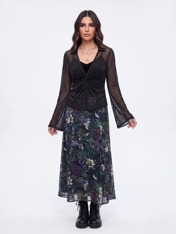 Skönhet Sheer Mesh Flare sleeve Cuff Low-Cut Cover Up Top whimsigoth y2k 90s - Image 4