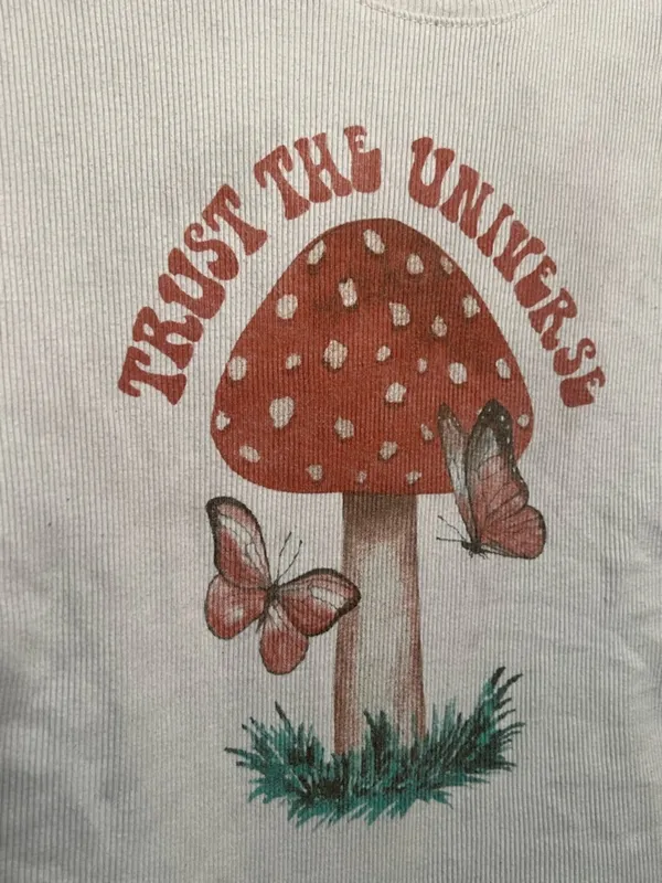 Cut & Paste Women's Size Small T-Shirt Ribbed Beige Trust The Universe Mushroom - Image 2
