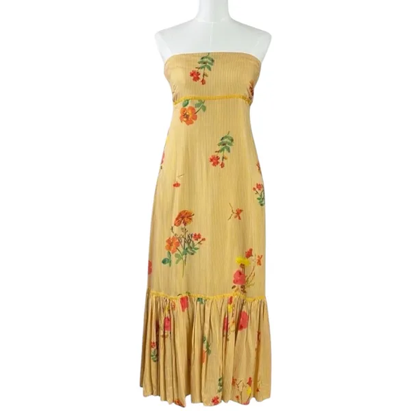 Free People Bohemian Rosie Posie Strapless Midi Dress Yellow Floral Size Large - Image 4