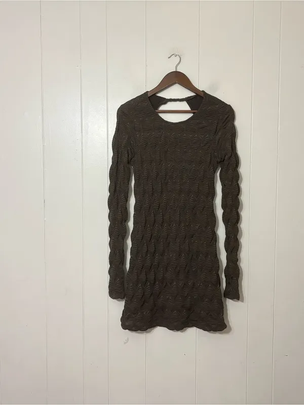 Free People Paulie Textured Open Back Mini Dress Brown M Bodycon Long Sleeve - Image 3