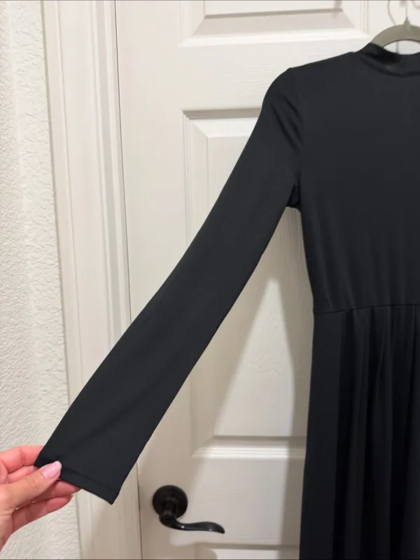HALARA Black Mock Neck Long-Sleeve Flare Maxi Dress Pocket & Waist Detail XS - Image 9
