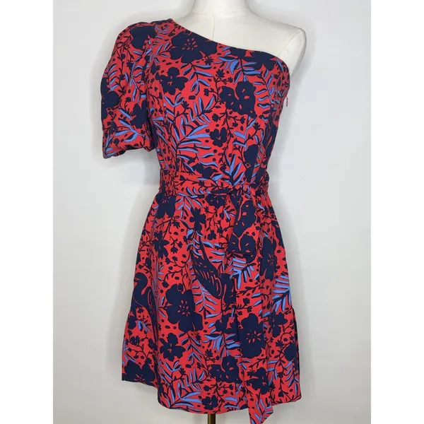 Lilly Pulitzer Red Blue Floral One Shoulder Puff Sleeve Dress Cocktail Size 4 - Image 2