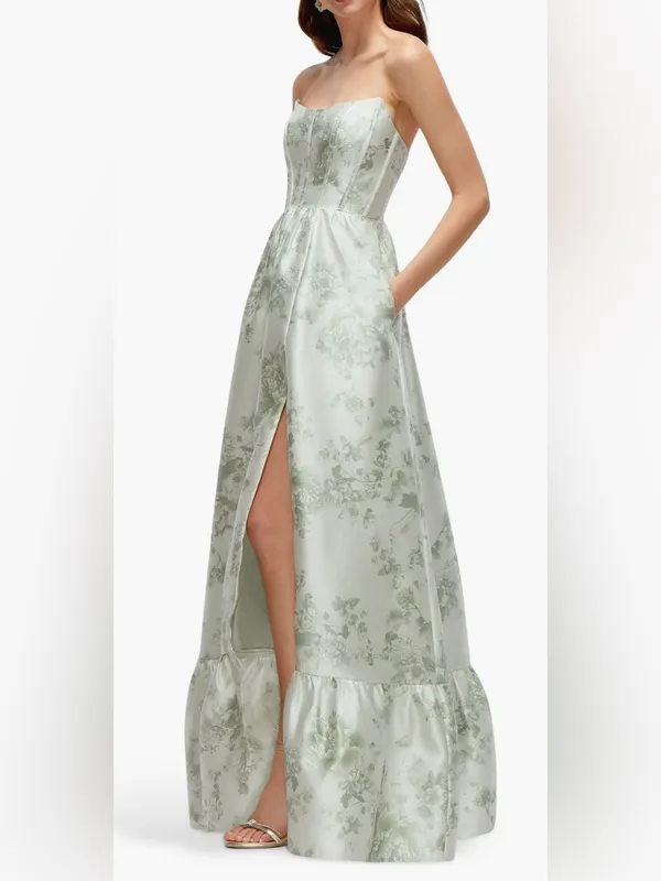 NEW Dessy Collection Floral Strapless Bustier Bodice Satin Sage Cottage Rose Gow - Image 3