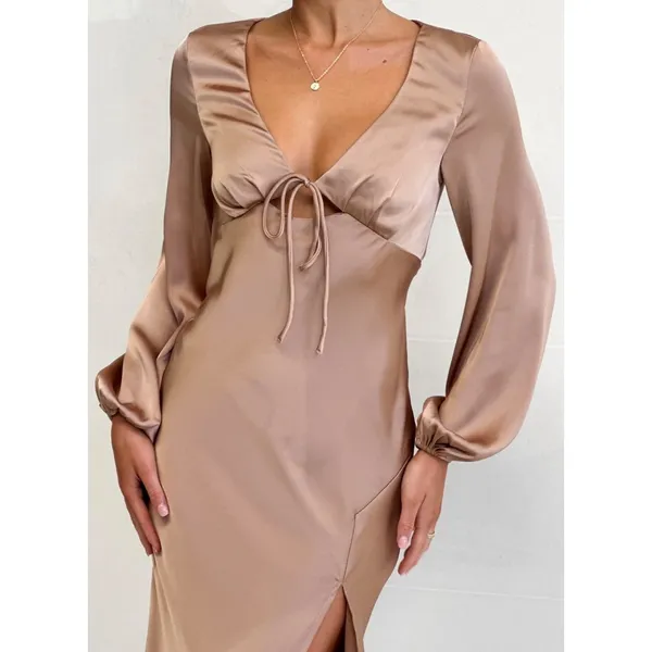 Billy J Brigitte‎ Dress Plus Size 20 Tan Satin Tie Front Maxi V Neck Old Money - Image 2