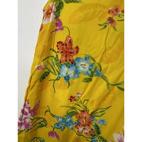 Indian Tropical Fashion Yellow Floral Beaded Sequin Rayon Sundress V-Neck M - Image 9